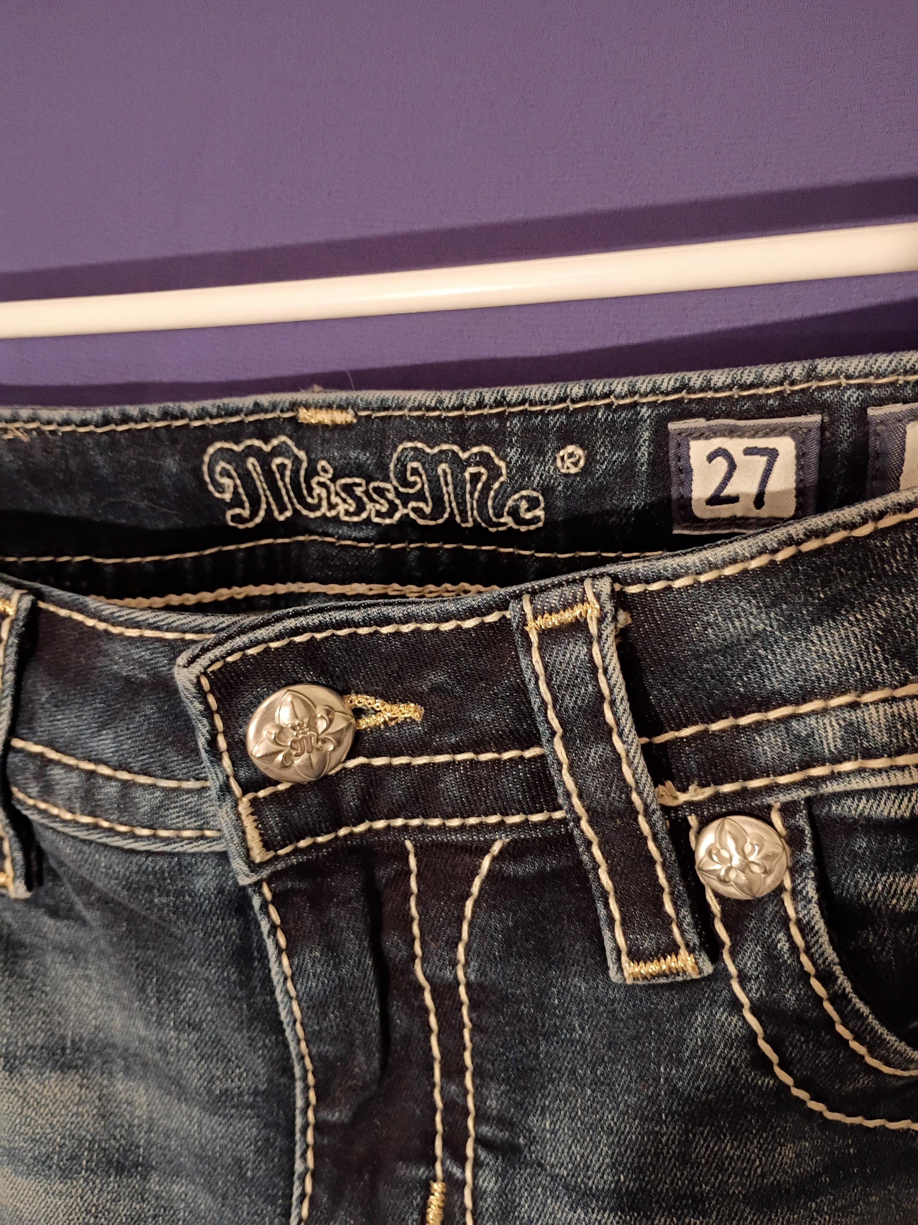 Miss Me Dark Blue Slim Jeans With Cream Contrast Stitching